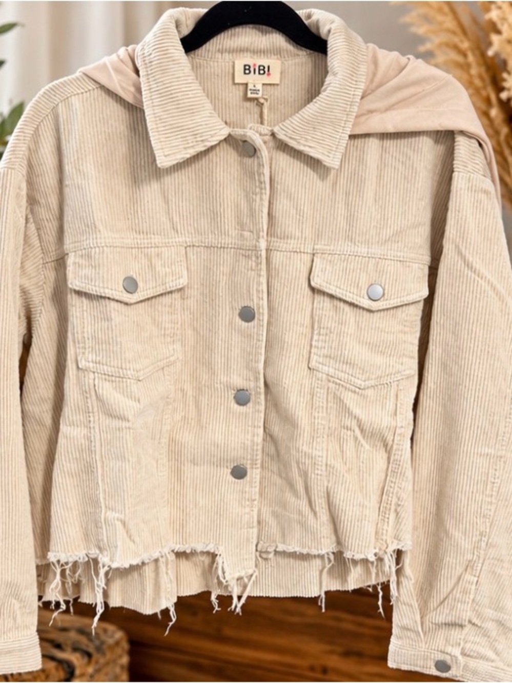BIBI Cream Corduroy Hooded Shacket Jacket Raw Hem Boho -NIB